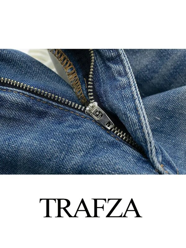 Trafza กระโปรงผ้ายีนส์แบบผูกเชือกสไตล์วินเทจสำหรับผู้หญิง ROK MINI แต่งลูกไม้แบบลำลองสำหรับแฟชั่นใหม่ของผู้หญิง