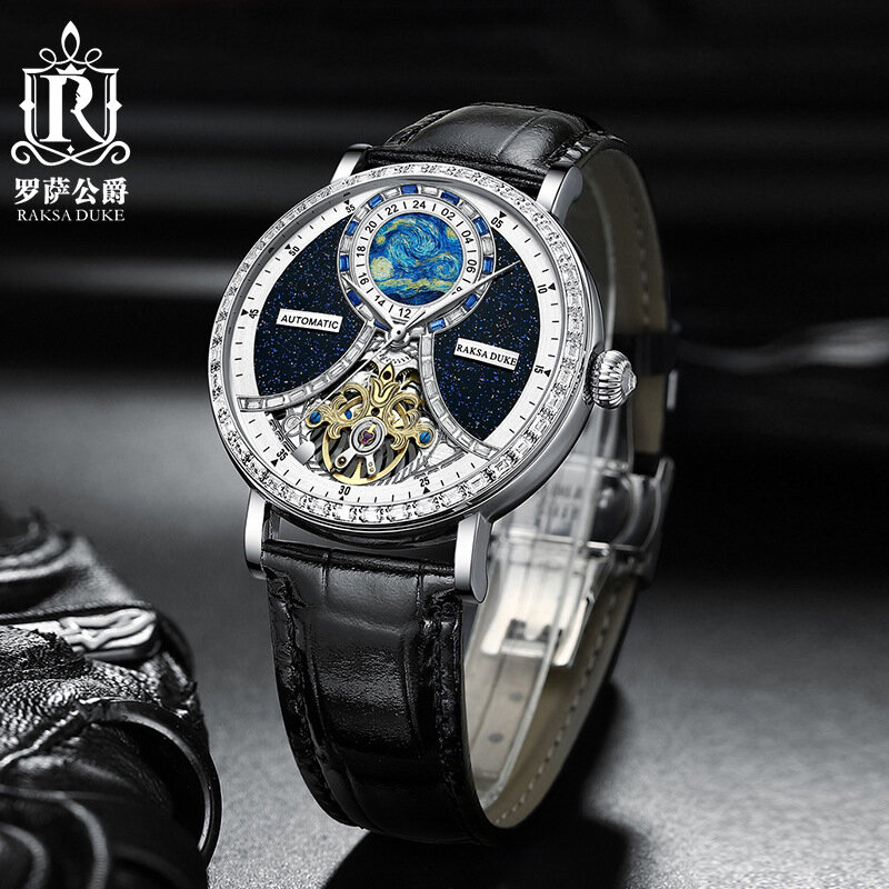 Reloj mecánico con diamantes para hombre, accesorio masculino de pulsera con mecanismo automático de Tourbillon y diseño misterioso de cielo estrellado, Raksa Duke
