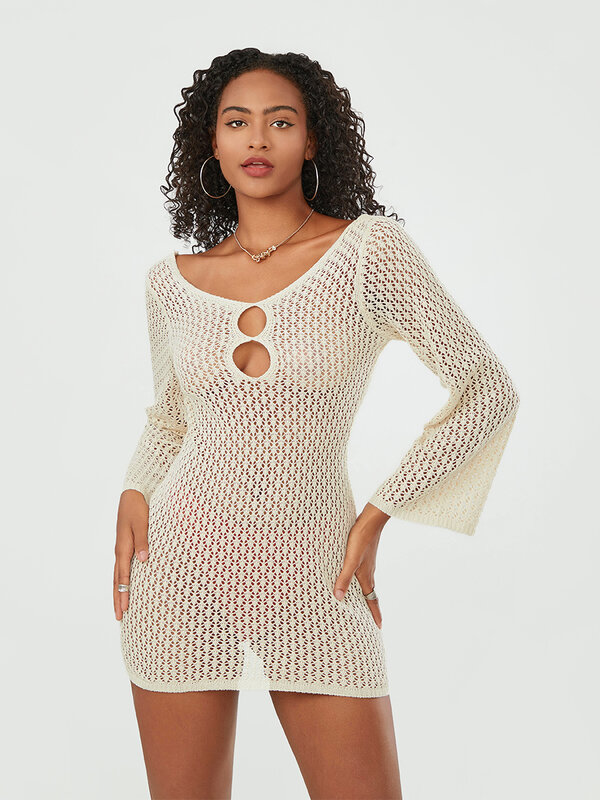 Mini vestido de malha de crochê feminino, recorte puro, decote em v, manga comprida, sem encosto, curto, moda banho de verão, cobrir