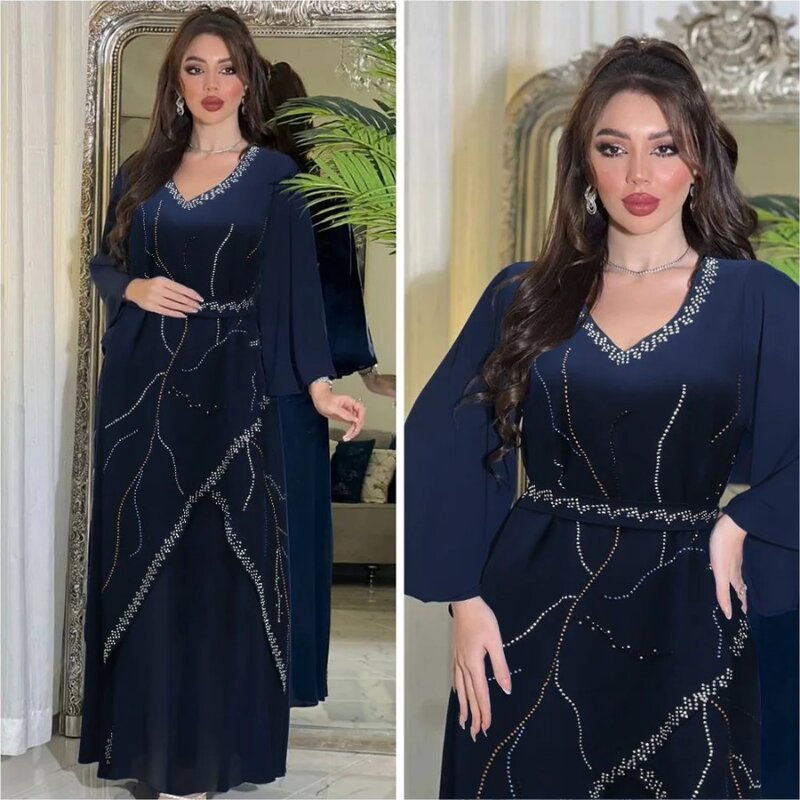 Middle East Muslim Robe Hot Diamond Chiffon Evening Dress with Belt Elegant Long Sleeves Luxury Dubai Arabic Party Gowns Ramadan