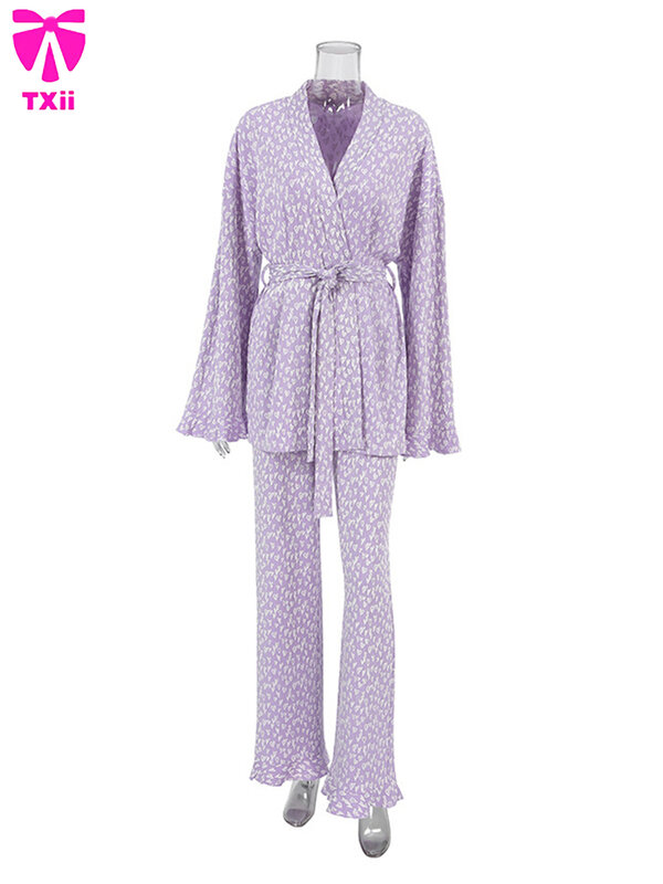 Crucii-Ensemble de pyjama sexy à col en V pour femmes, vêtements de nuit College, nuisette à manches longues, pantalon à lacets, 2 pièces