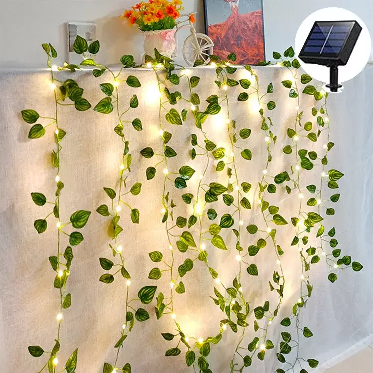 Solar Ivy String Lights LED Outdoor Artificial Vine Christmas Garland Fairy String Plant Lamp Maple Leaf Green Rattan String