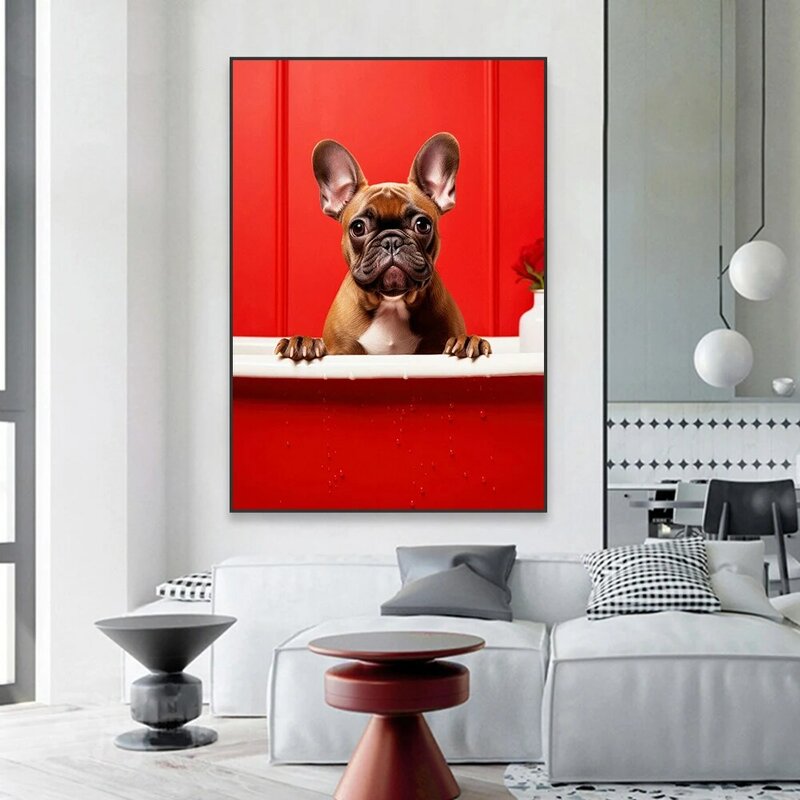 Czerwony Kolor Śmieszne Zwierzęta Plakat Śliczny Pies Łazienka Płótno Malarstwo Bubble Bath Prints Wall Art Home Bathroom Toilet Wall Art Decor