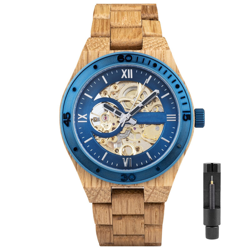 Reloj de madera para hombre, reloj mecánico de esqueleto, ligero, correa de madera Natural