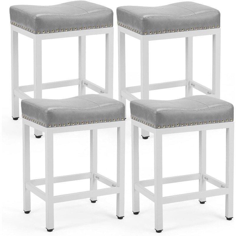 Bar Stools Set of 4， 24 inch Counter Height Bar Stools, Upholstered Modern Kitchen Barstools with Metal Base