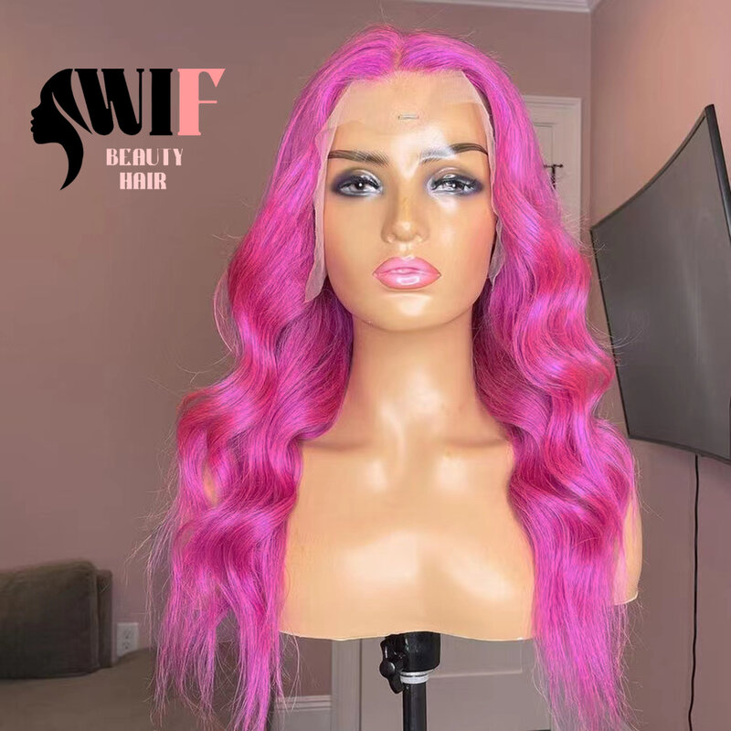 Wif-peruca sintética rosa escuro da onda do corpo para mulheres, cabelo longo, linha fina natural, água ondulada, sem cola, perucas dianteiras do laço, cosplay, uso diário