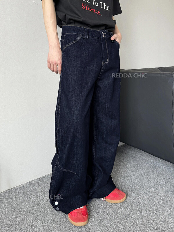 REDDACHiC Hiphop Men Buttoned Baggy Jeans Solid Blue Vintage Wash Patchwork High Rise Loose Wide Leg Denim Pants Y2k Streetwear
