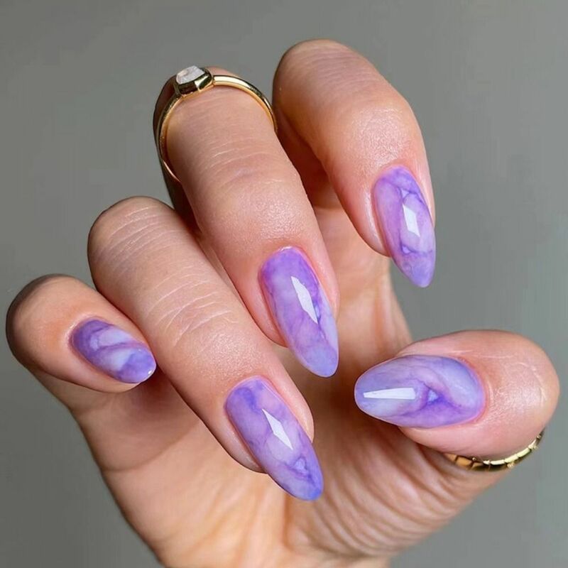 24pcs Long Almond False Nails French Purple Butterfly Flower Cat's Eye Cherry Press on Nails Fake Nails DIY Detachable Nail Tips