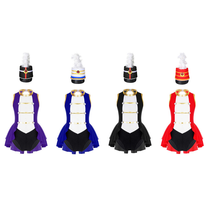 Kids Girls Flag Raiser Honour Guard Costume Set Leotard with Feather Hat for Circus Halloween Cosplay Dress Up Performance