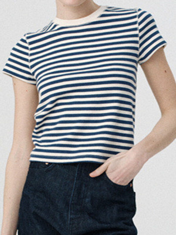 Camiseta a rayas con contraste para mujer, Tops de manga corta ajustados con cuello redondo, camisetas informales simples para mujer 2024