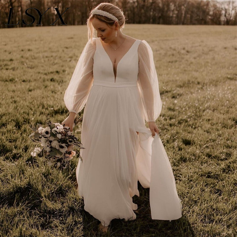 LSYX Deep V-Neck gaun pernikahan sifon model A-Line lengan Puff panjang gaun pengantin dengan belahan samping tinggi punggung terbuka gaun pengantin buatan khusus untuk gaun pengantin
