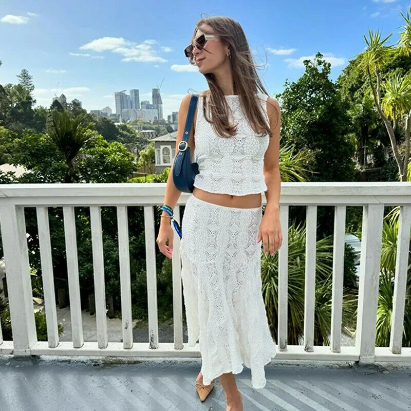Foreign Trade Europe and America2024Summer New Fashion Temperament Leisure Sexy Two-Piece Suit O-neck Short Vest Skirt