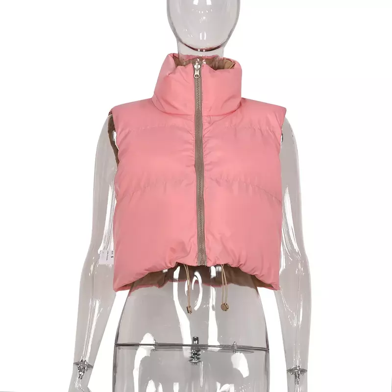 Fashion Winter Pink Vest Jackets Solid Color Warm Cotton Coat Stand Collar Zipper Double-sided Jacket Women Parkas Streetwear