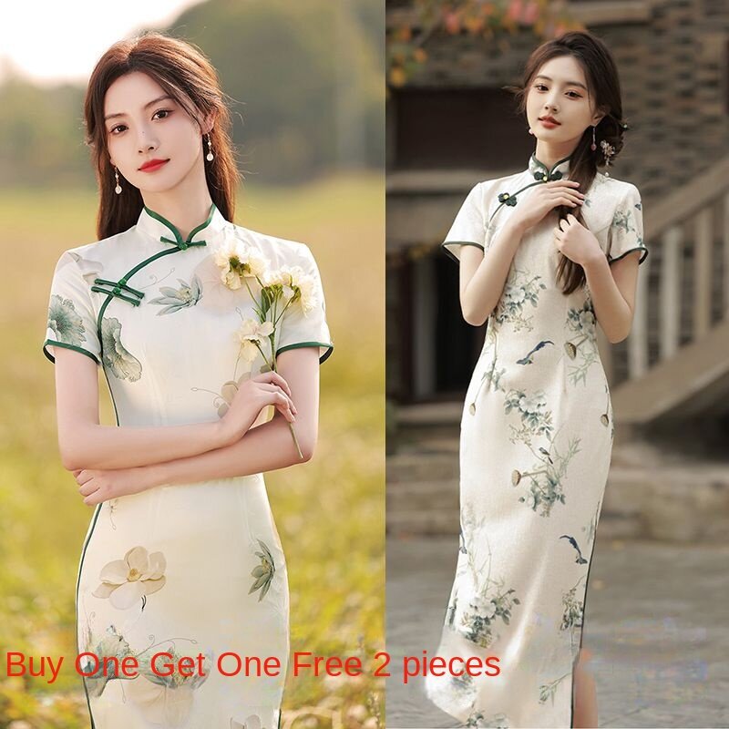 New Fashion Cheongsam Improved Dresses  Women Fresh  Slim Temperament Mid Length Elegant Chinese Style Cheongsams long dresses