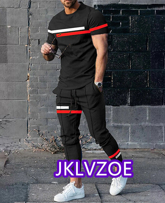 Костюм спортивный мужской из 2 предметов, Повседневная футболка с короткими рукавами и брюки, в полоску, с 3D принтом, уличная одежда, осень