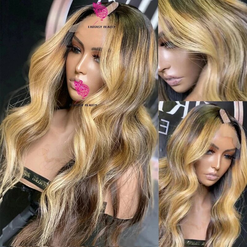 Ombre złoty blond V część peruki luźne fale nieprzetworzone 100% ludzkie włosy podkreślają miodowy blond środek/bok UPart Full End Cosplay