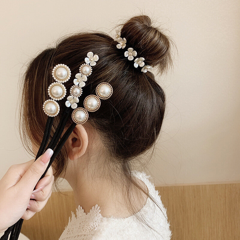 Diademas de moño flexibles florales Vintage para mujeres y niñas, Clip de pelo Updo de perlas de moda