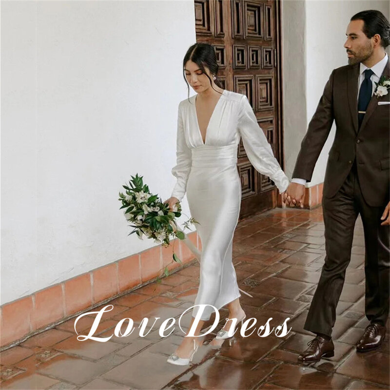 Simples mancha mangas compridas sereia vestidos de noiva, vestidos de noiva elegantes, decote em v profundo, comprimento plissado do tornozelo, 2021
