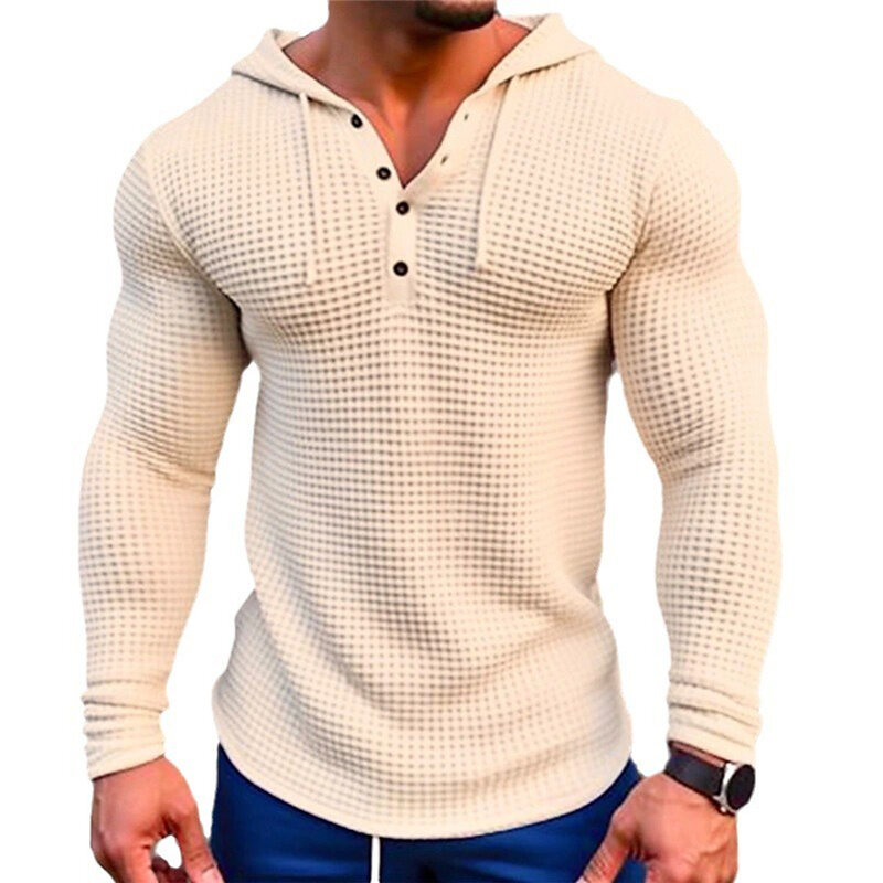 용수철 남성용 후드 상의, 단색 격자 무늬 긴 소매 단추 스웨터, 가을 후드 풀오버, 남성 스트리트웨어
