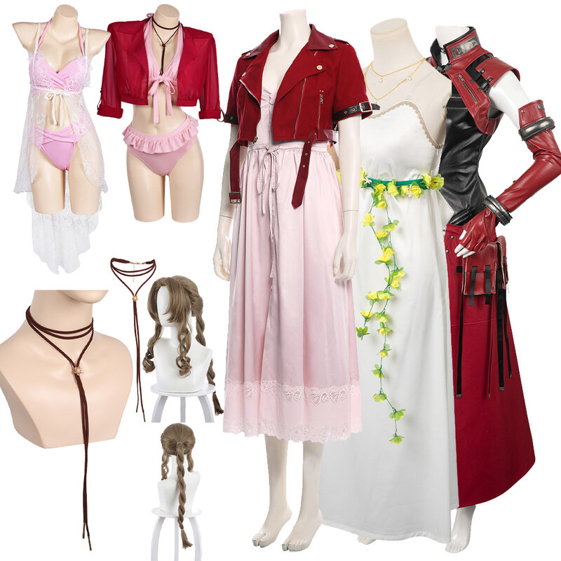 Female Aerith Cosplay Gainsborough Necklace Dress Jacket Costume Wigs Final Cos Fantasy VII Suit Outfits Halloween Party Clothes