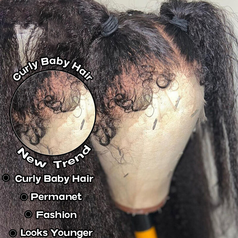 Kinky Straight Human Hair Wigs Realistic Afro Kinky Edges Curly Baby Hair 4c Edges Free Parting 13x4 Undetectable Lace Front Wig