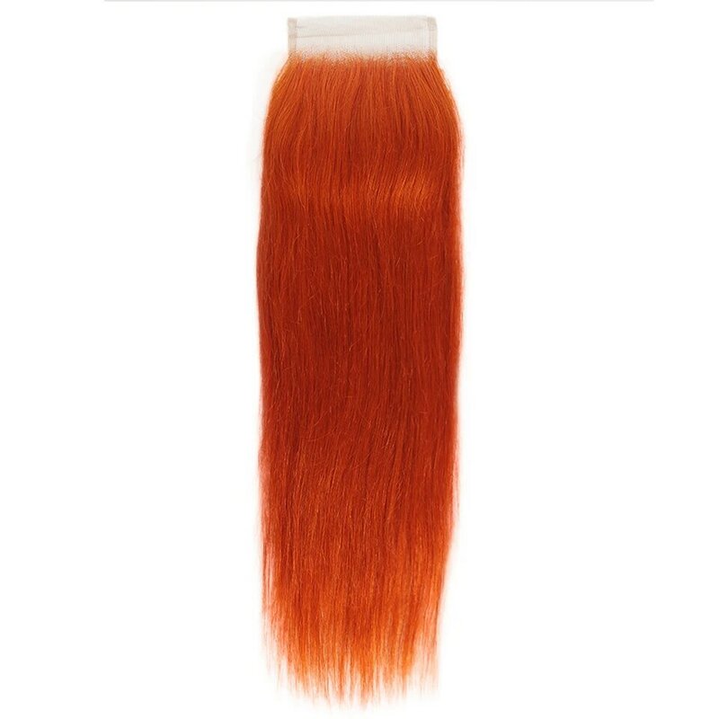 خصلات شعر بشري برتقالي مستقيم مع إغلاق ، شعر برازيلي ملون ، جزء مجاني من الدانتيل ، HD 4x4