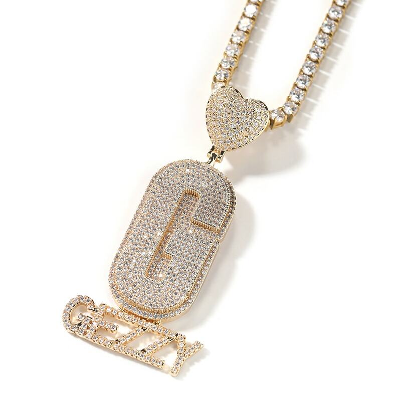 Uwin Big Bold Letter Custom Name Neclace Heart Bail Initial Mini Letters Below Pendant Micro Paved CZ Necklace Hiphop Jewelry