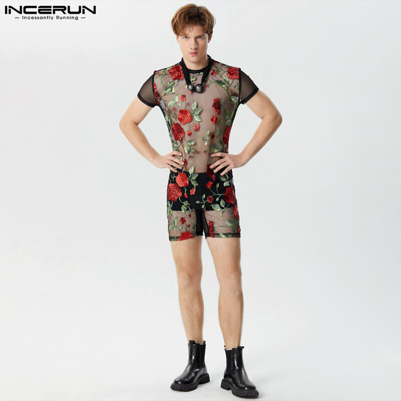 Incerun 2024 Amerikaanse Stijl Bodysuits Sexy Nieuwe Mannen Loungewear Perspectief Dunne O-hals Bloem Print Korte Mouw Rompertjes S-3XL