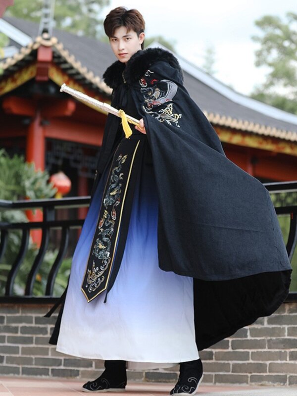 Manto longo forrado de lã, capa grossa com capuz, casaco antigo, peixe voador, performance hanfu, artes marciais