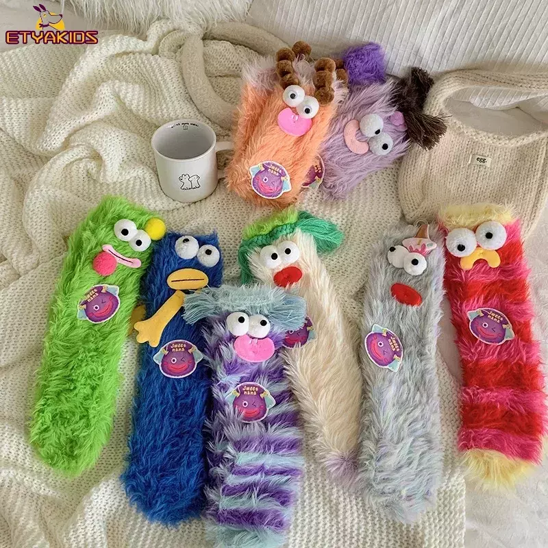 Cartoon Coral Velvet Socks para crianças, Meias quentes espessadas, Meias de dormir para meninas, Home Parent Child, Novo, inverno