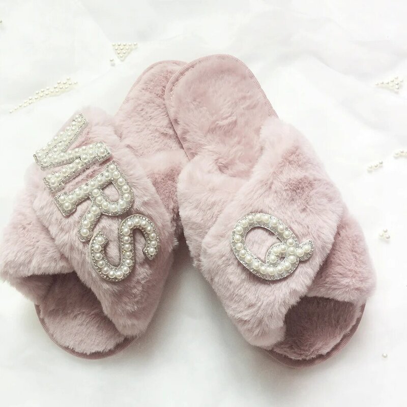 Women Slippers MRS A-Z Fluffy Cross Pearls Slippers Spa Slippers for Bridal Initials Wedding Day Bachelorette Party Slippers Set