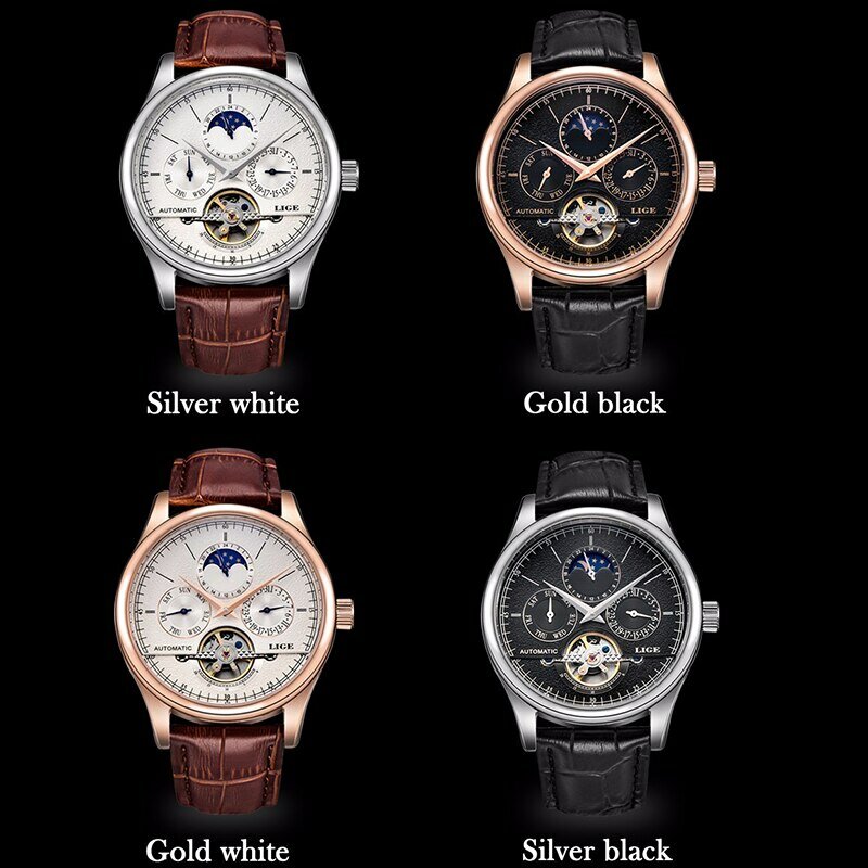 LIGE jam tangan anti air otomatis, jam tangan Mekanikal otomatis, jam tangan kulit asli, jam tangan anti air, jam tangan militer, jam tangan pria