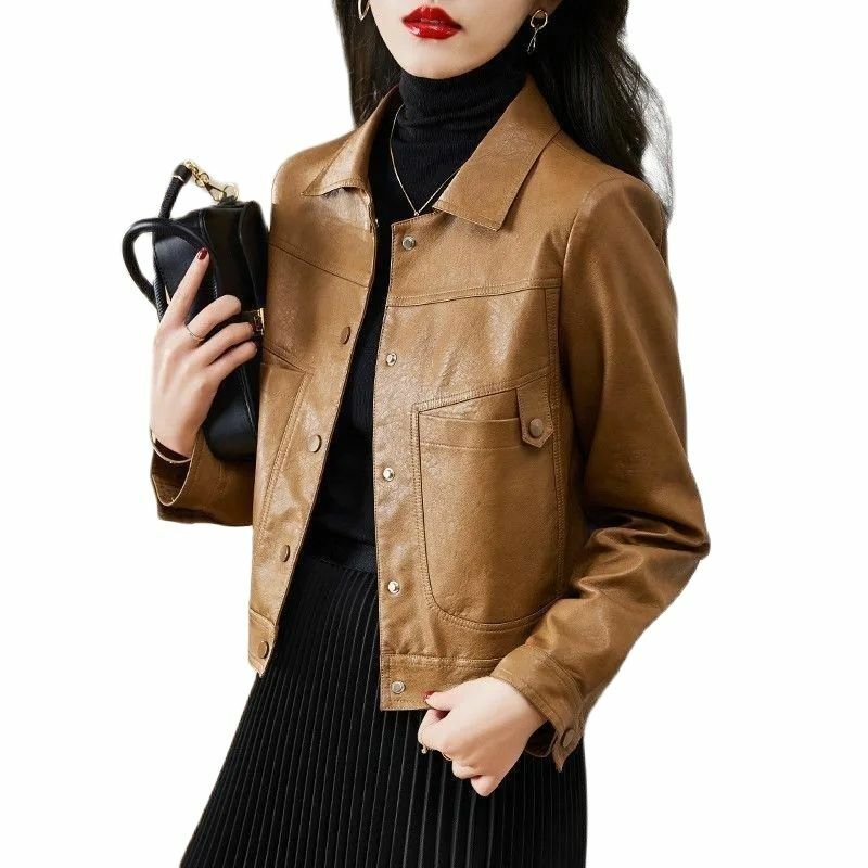 2023 nowa modna kurtka luźna, skórzana damska krótka kurtka wiosenna i jesienna koreańskie Casual kurtki ze sztucznej skóry damska odzież wierzchnia