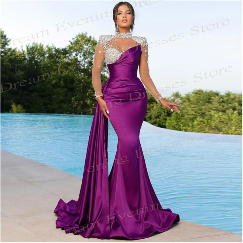 Wdzięku fioletowe syrenka nowoczesne suknie wieczorowe z długim rękawem na szyję dla kobiet plisowane satynowe suknie na bal maturalny zroszony formalna okazja