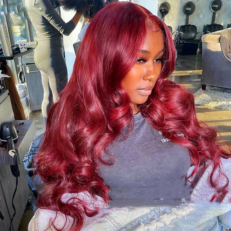 Perruque Full Lace Front Wig naturelle Body Wave, cheveux humains, couleur rouge bordeaux 99j, 13x4, 13x6 HD, pre-plucked, 360