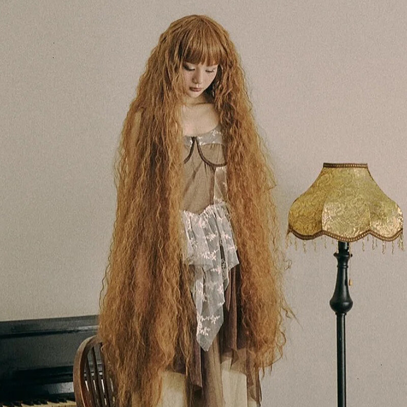 Peruca marrom super longa para mulheres, cabelo encaracolado de lã, onda grande, cabeça cheia, Cos Lolita, 1m