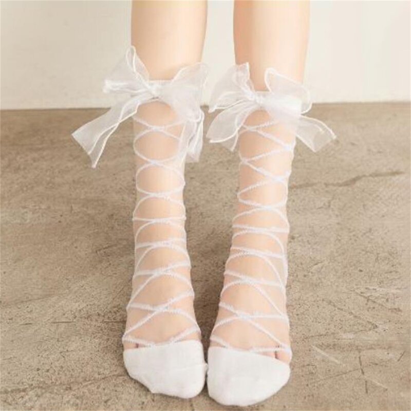 Kaus kaki jala tipis untuk bayi perempuan, kaus kaki Tulle transparan motif silang Lolita manis dengan simpul kupu-kupu untuk bayi perempuan