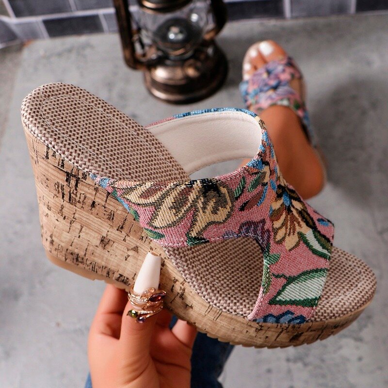 Summer New Wedge Heel Thick-soled Women's Flip-flops with Fabric Printing Fashion and Elegant Daily Outdoor Women's Slippers