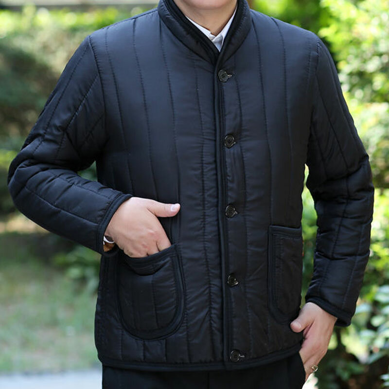 秋と冬の中年男性の暖かい長袖スタンドカラーの豪華な肥厚パパの固体シングルブレストポケットカジュアル90s