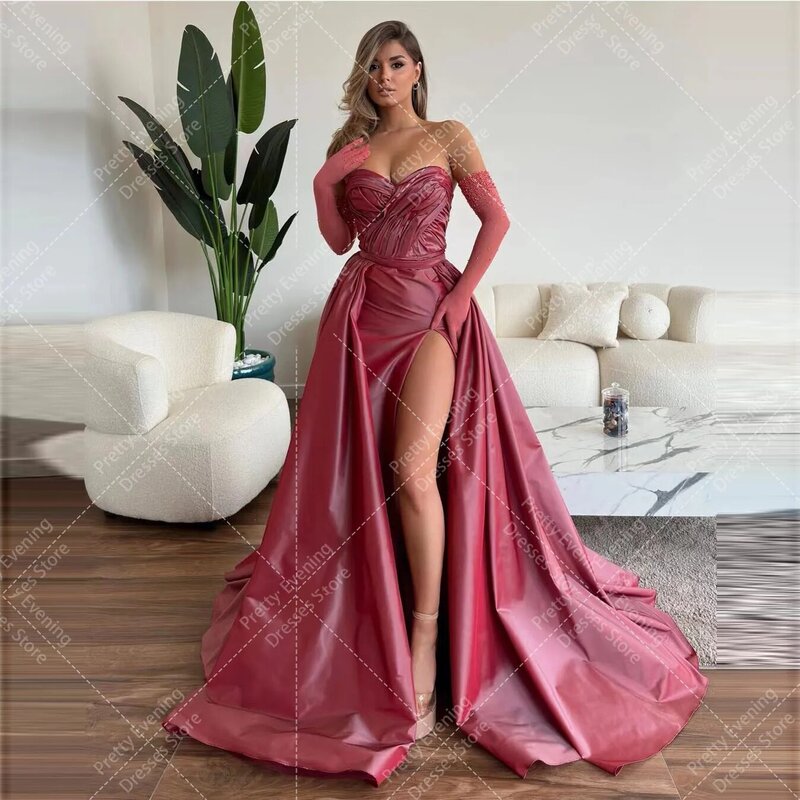 Gaun malam warna permen cantik gaun pesta Formal wanita garis A lipit Sweetheart tanpa lengan seksi belahan samping elegan