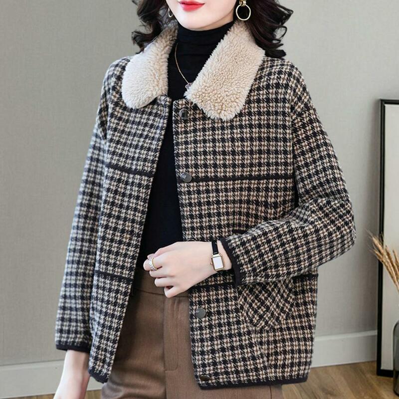 Plush Lapel Coat Plush Vintage Plaid Coat Women's Warm Single-breasted Jacket with Lapel Double-sided Knit for Autumn Winter