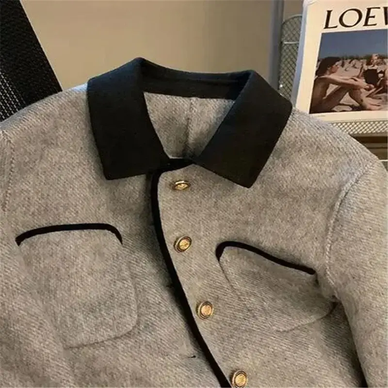 Jaqueta de lã acolchoada cinza curta feminina, casaco de lapela contrastante, roupa vintage, jaqueta Harajuku, outono, inverno