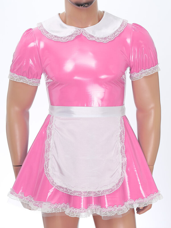Servants Maid Dress with French Apron Puff Sleeve Ruffle Lace Patent Leather A-Line Dress Sissy Mens Cosplay Dress Up Costume