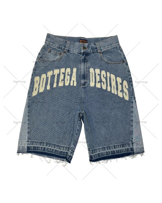 Street Harajuku fashion jeans American retro letter embroidered denim shorts high street boys casual loose straight pants men