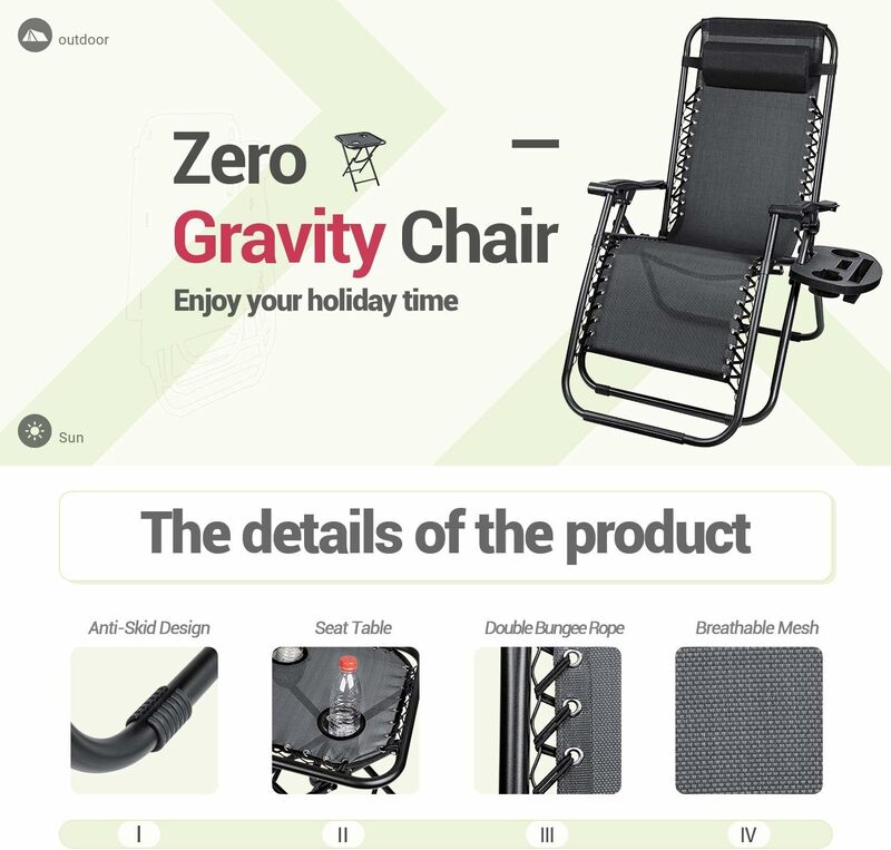 Kursi lipat teras nol gravitasi 3 Pcs, dudukan santai luar ruangan portabel dengan meja samping