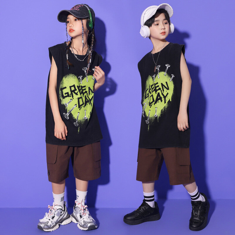 Kid Hip Hop Clothing Black Heart Print Long Tank Coffee Casual Summer Loose Fit Cargo Shorts for Girl Boy Dance Costume Clothes