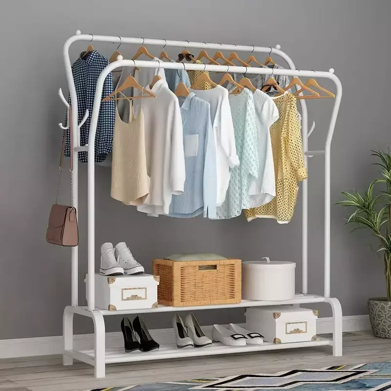 Cabide de vestuário de rack de vestuário livre-pé cabide de roupas com haste superior prateleiras de roupas de armazenamento roupeiro cabide de piso de secagem de pano