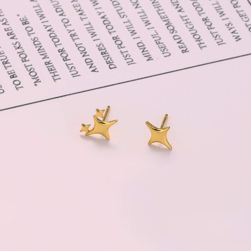PANJBJ 925 Sterling Silver Korean Version of The Simple Four-pointed Star Personality Asymmetric Gold Earrings