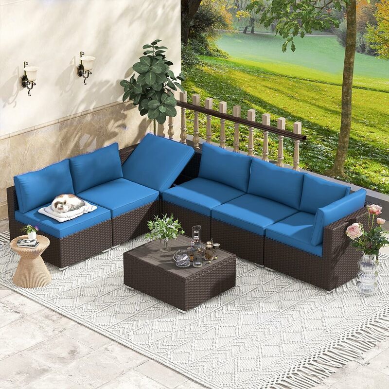 7 Piece Patio Furniture Set with Adjustable Bracket All-Weather Wicker Conversation Set with Coffee Table for Garden Backyard