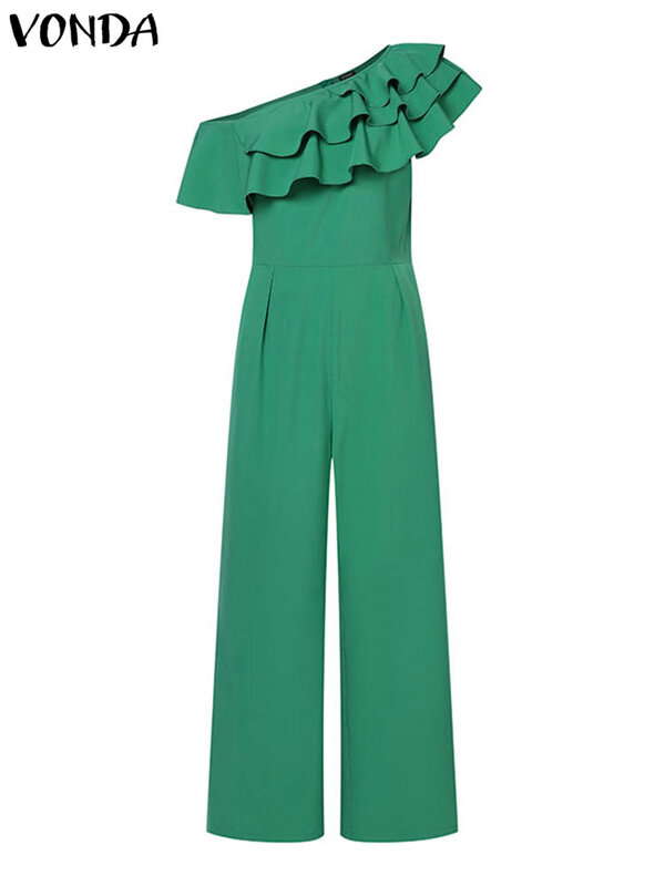 Plus Size 5XL VONDA Elegant Office Long Jumpsuits Women Rompers 2024 Summer Casual Solid Color Ruffled Off Shoulder Overalls